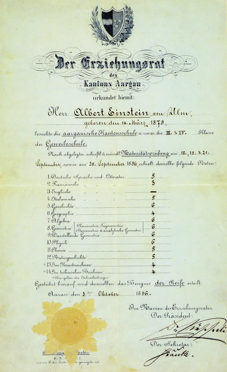Certificado de madurez de Albert Einstein, emitido en Aarau en 1896, con sus notas manuscritas: 6 en álgebra, geometría, geometría descriptiva, física e historia, y 3 en francés