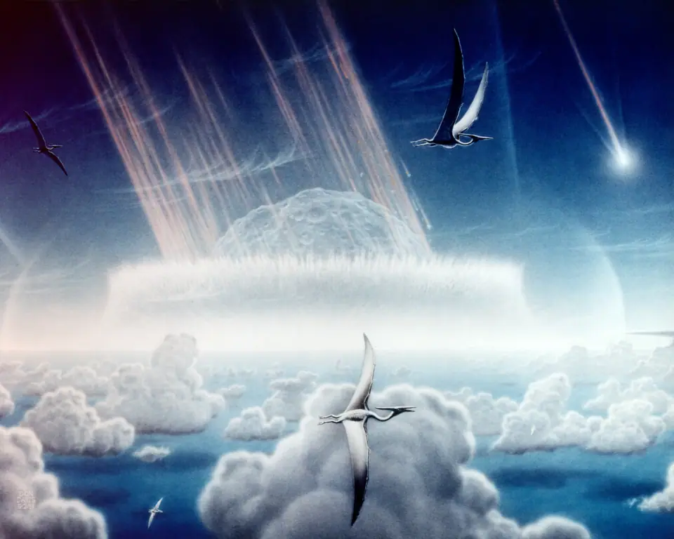 Ilustración del impacto del asteroide de Chicxulub hace 66 millones de años, con la bola de fuego y la onda expansiva vistas desde la atmósfera, y pterosaurios en primer plano