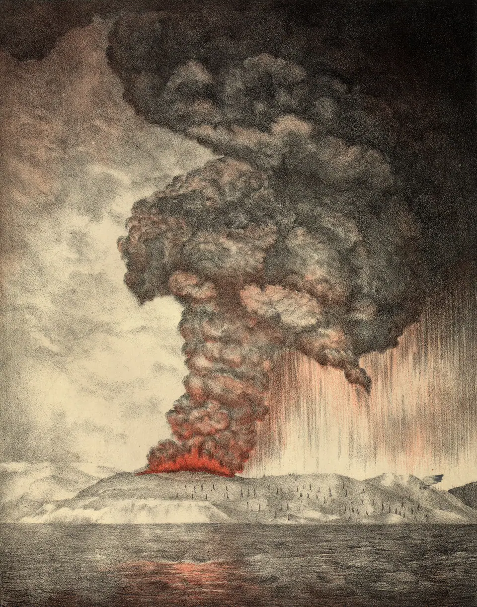 Litografía de la erupción del volcán Krakatoa en 1883, con una columna de humo y ceniza