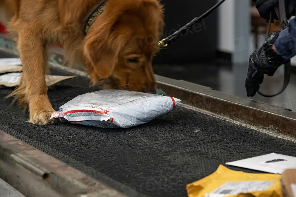 Un perro detector de pelo dorado olfatea un paquete sobre una cinta transportadora, junto al guante de su guía