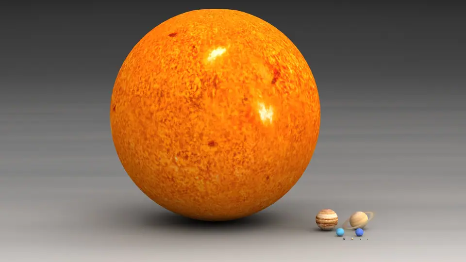 Ilustración del Sol junto a los ocho planetas del sistema solar dibujados a escala; la Tierra es un punto azul al lado del disco anaranjado