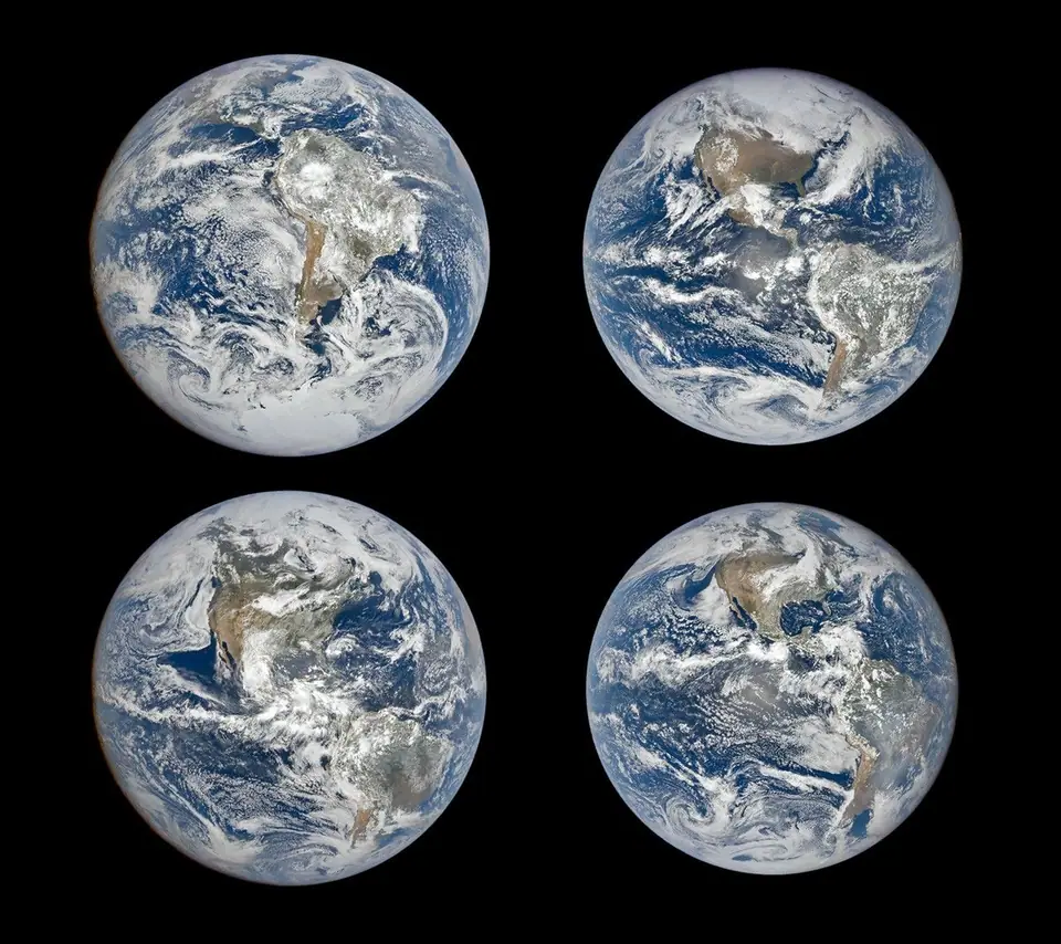 La Tierra fotografiada desde el espacio por la cámara EPIC en los dos solsticios y los dos equinoccios: el polo norte se ve más iluminado o más oscuro según la fecha