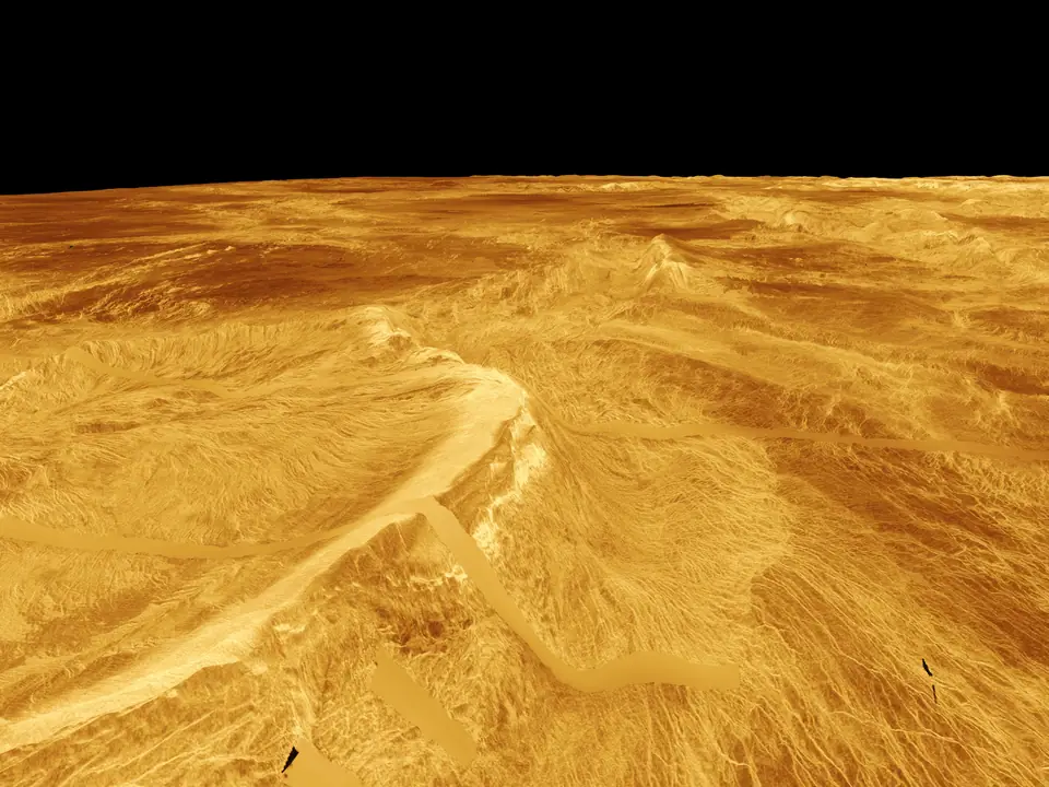 Vista en perspectiva 3D de la superficie de Venus, reconstruida con datos de radar de la sonda Magellan de la NASA